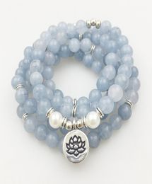 SN1205 Design Womens 8 mm Blue Stone 108 Bracelet de perles de mala ou collier Lotus charme Bracelet Yoga9687318
