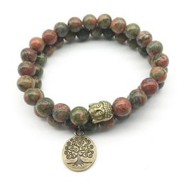 SN1275 ensemble de bracelets à breloques en Bronze bouddha arbre de vie Design Vintage Bracelet Unakite bijoux en pierre naturelle de haute qualité 310m