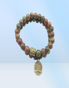 SN1275 arbre de vie Bouddha Bronze Charm Bracelet Bracelet Vintage Design Unakite Bracelet Bijoux en pierre naturelle de haute qualité2435205