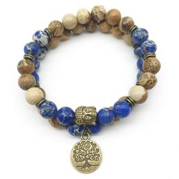 SN1281 Trendy Designer Boeddha Hoofd Armband Set Foto Jasper Donkerblauw Regalite Armband Levensboom Natuursteen Jewelry196g