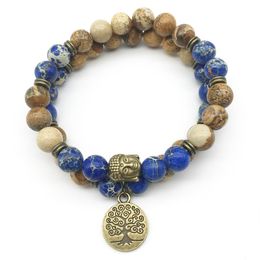 SN1281 Diseñador de moda Pulsera con cabeza de Buda Conjunto Imagen Jaspe Azul oscuro Regalite Pulsera Árbol de la vida Piedra natural Jewelry241F