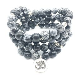 SN1349 En Vente Femmes 4 Wrap Bracelet À La Mode Flocon De Neige Jaspe Collier Pierre Naturelle 108 Mala Perlé Yoga Bracelet