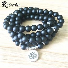 Bracelet ou collier de perles Mala en Onyx noir mat pour femmes, nouveau Design, SN1382, 108, breloque Lotus, Bracelet de Yoga, 272M
