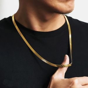 Slangenketting heren, gouden kleur platte 14k geel gouden kettingen gelaagdheid eenvoudige visbon link choker heren dames sieraden 28 cm - 55 cm