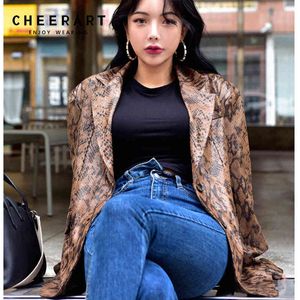 Blazers de cuero con estampado de serpiente Chaqueta y abrigos para mujer Green Brown Ladies Korean Skin Blazer Femme 210427