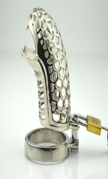 Jaula de pene de acero inoxidable para hombre con forma de serpiente con anillo para pene, dispositivo de castidad con bloqueo de Bondage, juguete sexual BDSM para adultos 9502291890