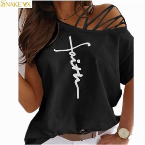 Snake yx grafische tee damesbrief bedrukte casual korte mouw strapless t -shirt los zachte en comfortabel zomer top shirt 220527