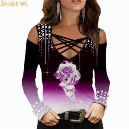 SNAKE YX Camiseta de manga larga con cuello cruzado y estampado de rosas con hombros descubiertos para mujer 220408