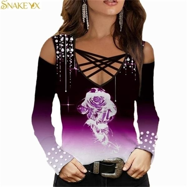 SNAKE YX Camiseta de manga larga con cuello cruzado y estampado de rosas con hombros descubiertos para mujer 220408