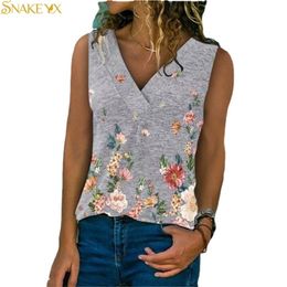 SERPENT YX femmes haut été mode fleurs imprimé col en v sans manches décontracté grande taille haut mince et confortable t-shirt 220530