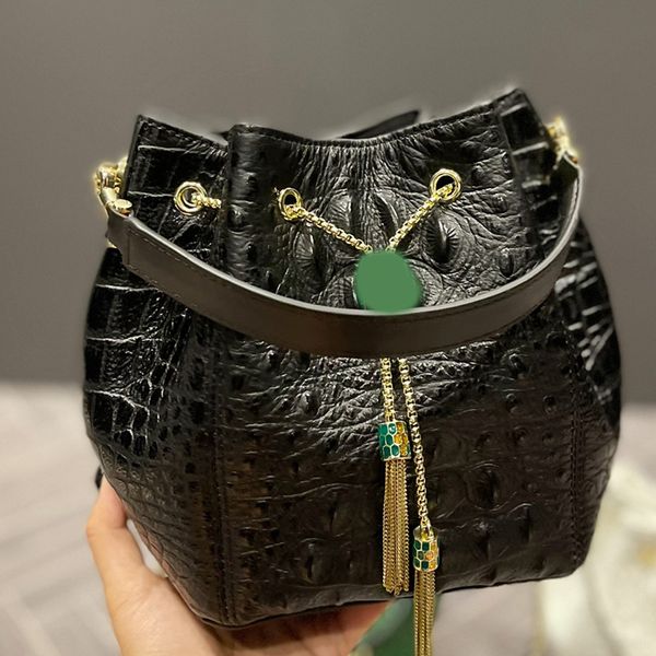 Bolso tipo cubo con cabeza de serpiente, bolsos cruzados de hombro para mujer, patrón de piel de serpiente de agua, bolso serpentino, cadena, monedero, bolsos de piel de serpiente de calidad, bolsa con borlas