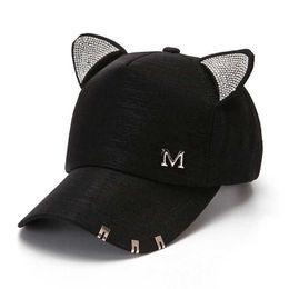 Snapbacks nieuwe dames zomer herfst zwart witte roze hoed katten oren honkbal pet met ringen en kanten diamant schattige meid hoed p230515