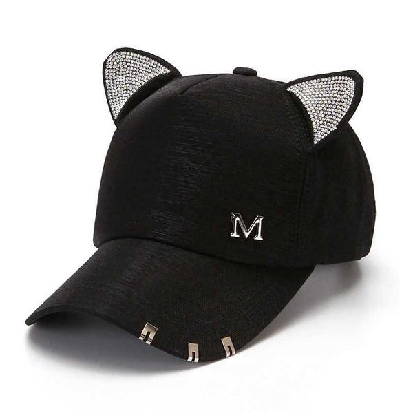 Snapbacks New Women's Summer Fall Black White Pink Hat Gorra de béisbol con orejas de gato con anillos y encaje Diamond Cute Girl Hat P230515