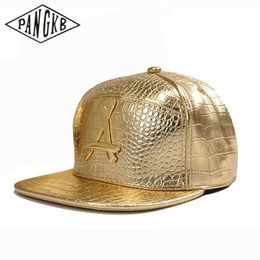 Snapbacks Pangkb Brand Big A Cap Gold Leather Metal Snapback Hat Hoofddeksel voor mannen Vrouwen Volwassen Outdoor Casual Sun Baseball Cap 0105