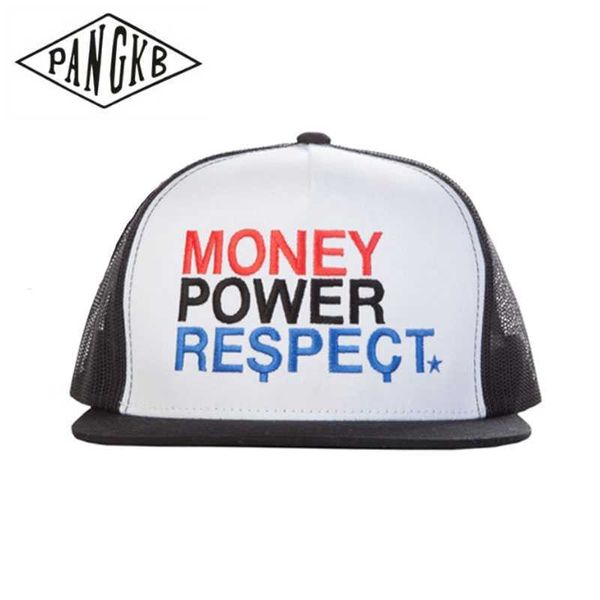 Snapbacks PANGKB Marca Money Power Respect Cap Verano hip hop malla transpirable snapback sombrero adulto deportes al aire libre gorra de camionero al por mayor 0105
