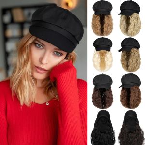 Snapbacks Shangzi Newsboy Cap/chapeau Perruque 10 pouces Ondulés Bouclés Synthétiques Perruques Naturel Baseball Chapeau Perruques Chapeau Attaché Synthétique Extensions de Cheveux