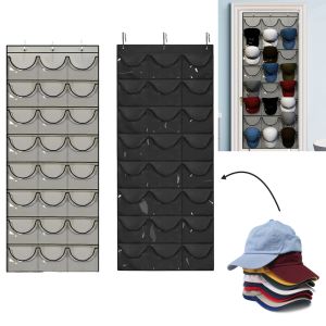 Organizador de almacenamiento Snapbacks, bolsillos transparentes, protege el sombrero, soporte para colgar en la puerta, colgador de 24 bolsillos, estante de almacenamiento para gorras de béisbol