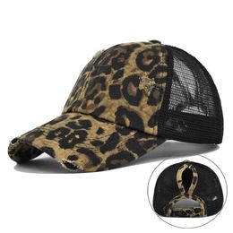 Snapbacks Cola de caballo para mujer Gorra de béisbol Verano Sombrero para el sol Sombrero de malla Estampado de leopardo Hip Hop Vintage Sombrero de cola de caballo para mujer Chicas al aire libre Gorra de mujer G230508