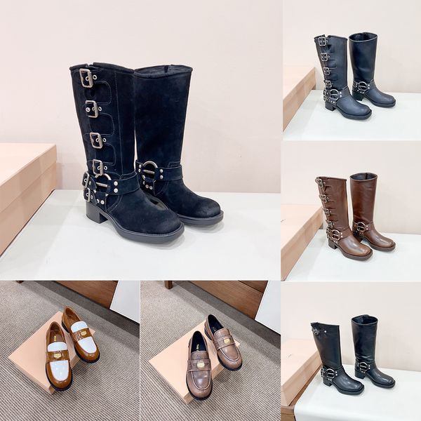 Diseñador clásico Otoño e Invierno Mujer Botas largas sobre la rodilla Mujer Cuero genuino Hebilla de cuero de metal vintage Botas de mezclilla occidental Botas de caballero de manga alta