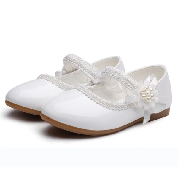 Zapatillas de deporte 1 2 3 4 5 6 7 años NUEVOS Niños de flores Niños pequeños zapatos de cuero de perla blanca para niñas Partido de la fiesta de la fiesta de la princesa