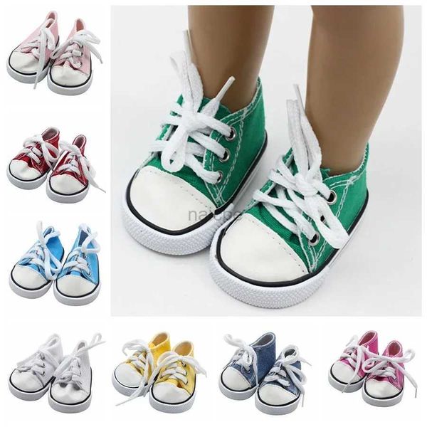 Zapatillas de deporte Cassic de 9 colores, muñeca recién nacida, zapatos de muñeca de 7 cm, calcetines de lona de mezclilla, 43 cm, muñeca de niña de 18 pulgadas, zapatos deportivos de encaje blanco rosa 240322