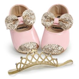 Sneakers Baywell Baby Girl Shoes Hair Band Infant Toddler Fashion Pu Sequins Bowknot Nonslip Princess First Walker Baptism Shoes 230811