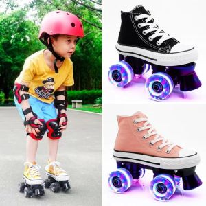 Sneakers Boys Girls Children Quad Skating Double Row Roller Skates Unisvas Shoes Patines For Kids Beginners Twee Line 4 Flash Wheels