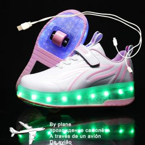 Sneakers Kinderen jongens blauwe lichtgevende gloeiende sneakers met dubbele twee wielen rollen skate schoenen volwassen kinderen USB oplaadschoenen roze meisjes