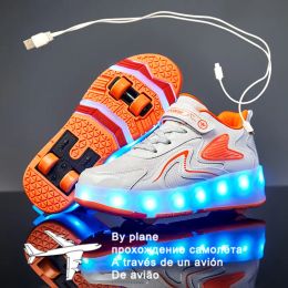 Sneakers kinderen vier wielen lichtgevende gloeiende sneakers zwart roze led lichte roller skate schoenen kinderen led schoenen jongens meisjes usb opladen 43