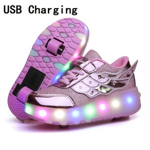 Zapatillas de deporte para niños, una, dos ruedas, zapatillas luminosas que brillan intensamente, zapatos de patín con luz Led rosa dorado, zapatos Led para niños, niñas, carga USB 230331