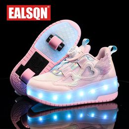 Baskets enfants deux filles roues lumineux talons brillants rose lumière LED chaussures de patin à roulettes enfants USB charge 231130
