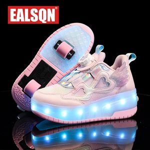 Sneakers Children Two Girls Wheels Luminous Glowing Heels Pink Led Light Roller Skate Shoes Kids USB Charging 231130