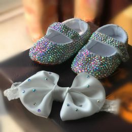 Sneakers Dolling Personnalized AB Crystal Rinaistone Festive Baby Girl Bling Bling Bottom Bottom Baby Hook and Loop Chaussures avec bandeau assorti