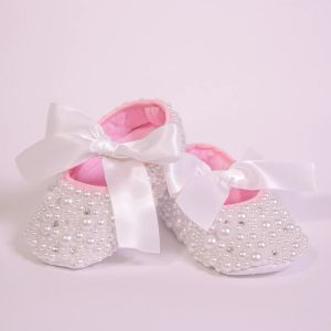 Sneakers Dollling Princess Little Girls Baby Shoes Lace Up Ribbon White Custom Handmade Pearls Dooping Infant Prewalker
