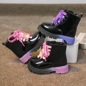 Sneakers Girl S Boots Autumn Pink Purple Patent Leather Lovely Children Short Boot 22 33 Peuter Round Toe Chunky Fashion Kids Shoes 230815