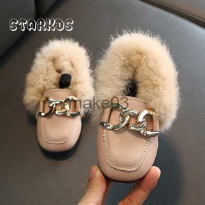 Sneakers Girls merkontwerp harige loafers kinderen warme pluche schoenen kind luxe echte konijnenbont muildieren met metalen ketting en elastische band J230818