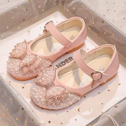Sneakers Girls Leather Shoes Bow Shiny Pearl Princess Spring Autumn Fashion Pargin Childrens Flat Single H538 230522