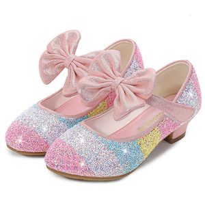 Sneakers Girls Leather Shoes Princess Children Round Toe Soft Sole Big Girls Hog Heel Crystal Single 230323