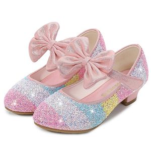 Zapatillas de deporte para niñas, zapatos de cuero, princesa, niños, punta redonda, suela blanda, niñas grandes, tacón alto, cristal, individual 221107