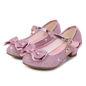 Sneakers Girls Princess Shoes Butterfly Knoop Hoge Heel Shiny Crystal Kids Leather Children's Single Birthday cadeau 230313