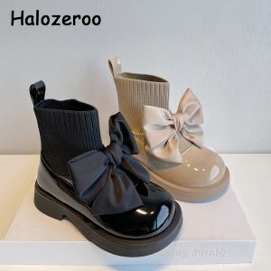 Zapatillas de deporte para niños, botas de moda con lazo, botines para niñas, botas de calcetín de marca para niños, botas negras sin cordones, botas de princesa suaves para otoño nuevo