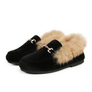 Baskets Enfants Chaussures De Fourrure Enfants Velours Bébé Filles Chaud Appartements Toddler Noir Marque Princesse Mocassin Chaîne Mocassin Pour L'hiver 220920