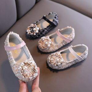 Sneakers Kids Girls Pearl Crystal Princess Shoes Wedding Jurk Non Slip Pu Leather Flat Dance For Children 230322