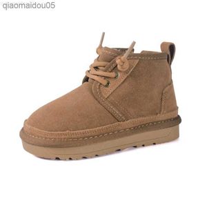 Sneakers Nieuwe Snow Boots Snow Boots Echt lederen Warm Plush Lace Unisex jongens en meisjes Warm schoenen zachte zolen modieuze kinderlaarzen Z230815