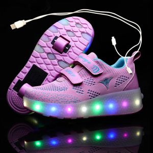 Sneakers Nieuwe roze blauw Red USB -oplaad mode Girls Boys Led Light Roller Skate Shoes For Children Kids Sneakers met wielen twee wielen