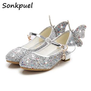 Zapatillas de deporte New Princess Girl Zapatos de cuero Niños Diamond Butterfly Glitter Tacón alto Niños Casual Butterfly Knot Shoes Girls Dance ShoeHKD230701