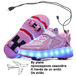 Baskets rose USB charge mode filles garçons lumière LED chaussures de patin à roulettes pour enfants enfants baskets avec roues quatre roues 230203