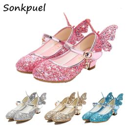 Sneakers Princess Butterfly Leather Shoes Kids Diamond Bowknot High Heel Children Girl Dance Glitter Fashion Girls Party Shoe 230504