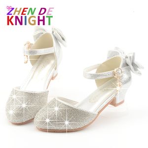 Zapatillas de deporte Princesa Niños Zapatos de cuero para niñas Vestido Zapato Glitter Niños Tacón alto Nudo de mariposa Oro Rosa Sier 230522