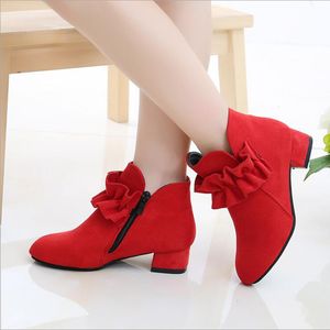 Zapatillas de deporte Primavera Invierno niños zapatos de cuero niñas botas niña tacones altos princesa moda flor para rojo 230613